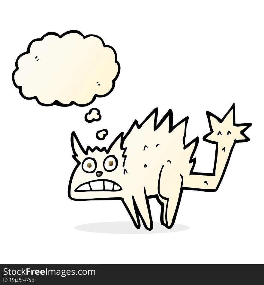 cartoon frightened cat with thought bubble