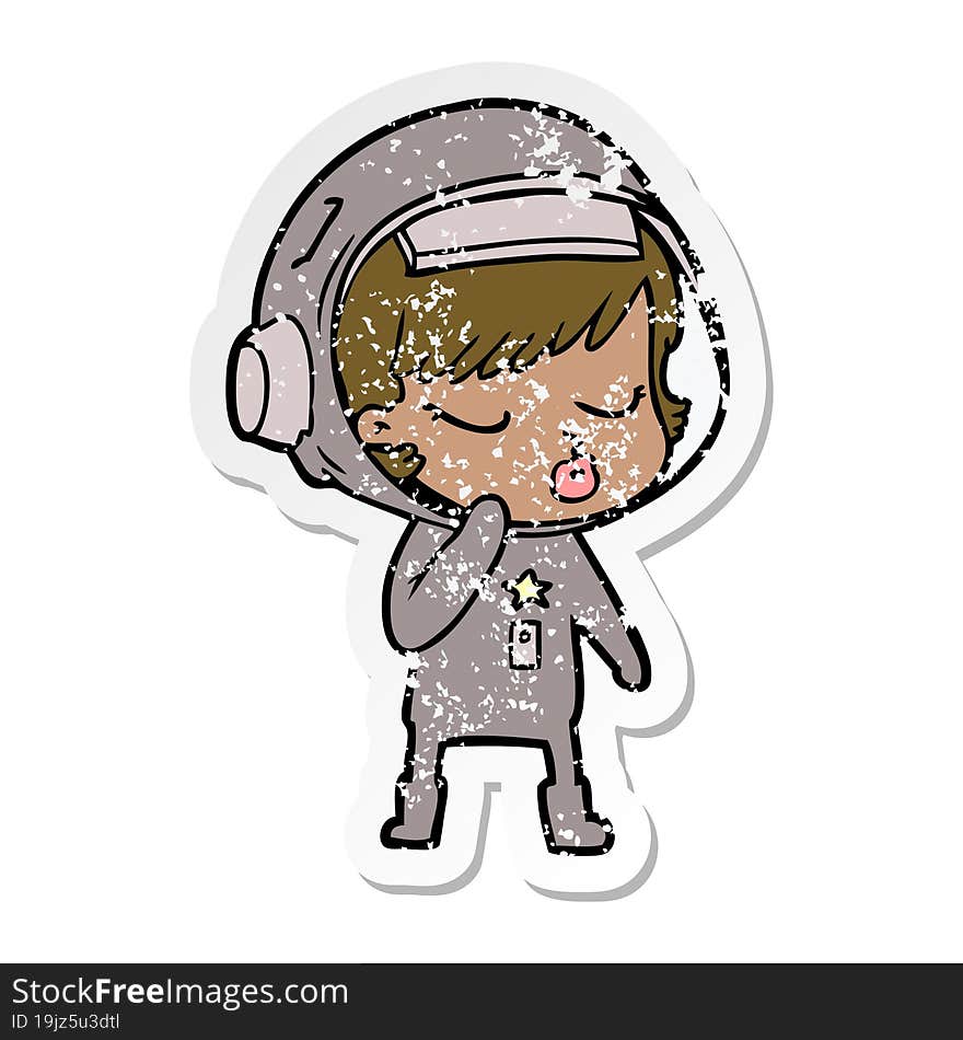 distressed sticker of a cartoon pretty astronaut girl