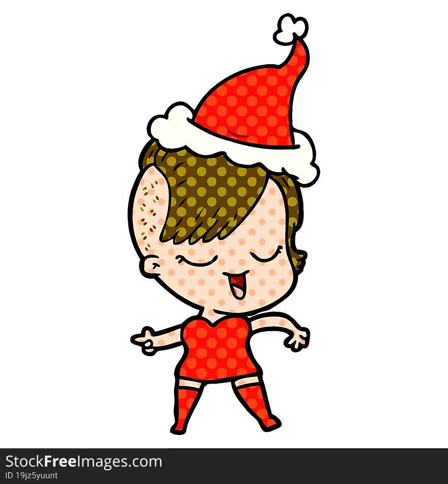 happy comic book style illustration of a girl wearing santa hat