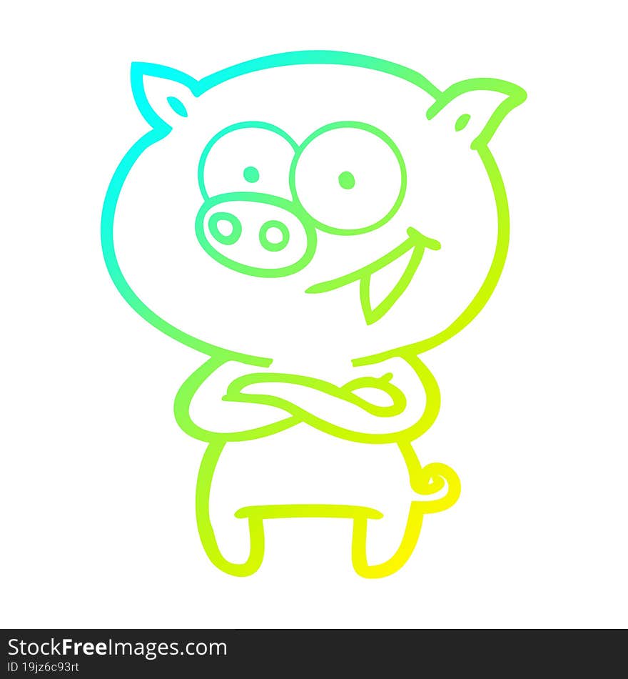 cold gradient line drawing of a cheerful pig cartoon