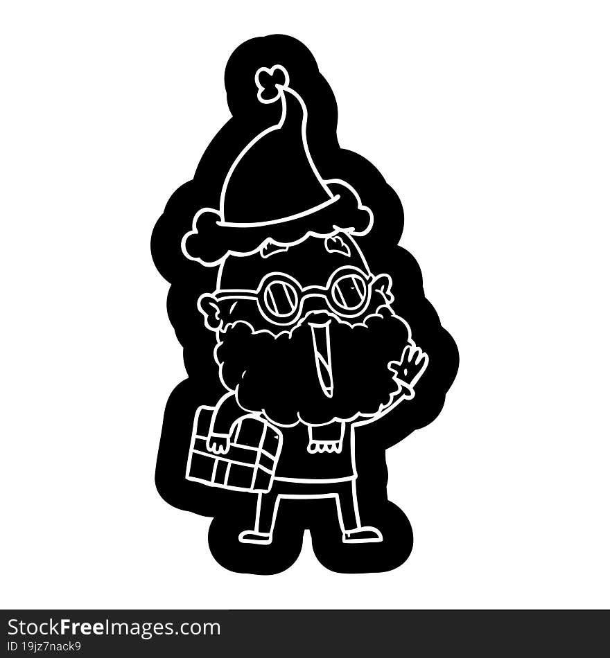 cartoon icon of a joyful man with beard and parcel under arm wearing santa hat