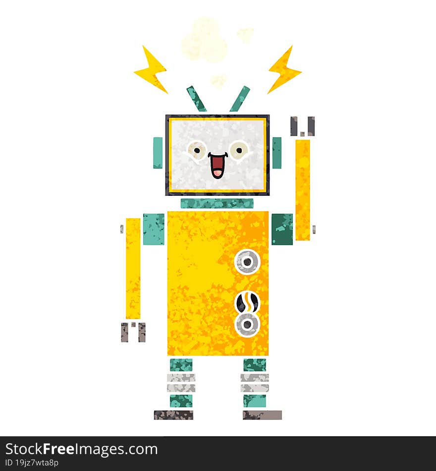 retro illustration style cartoon of a happy robot