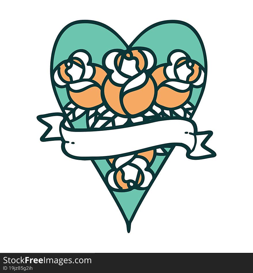 iconic tattoo style image of a heart and banner with flowers. iconic tattoo style image of a heart and banner with flowers