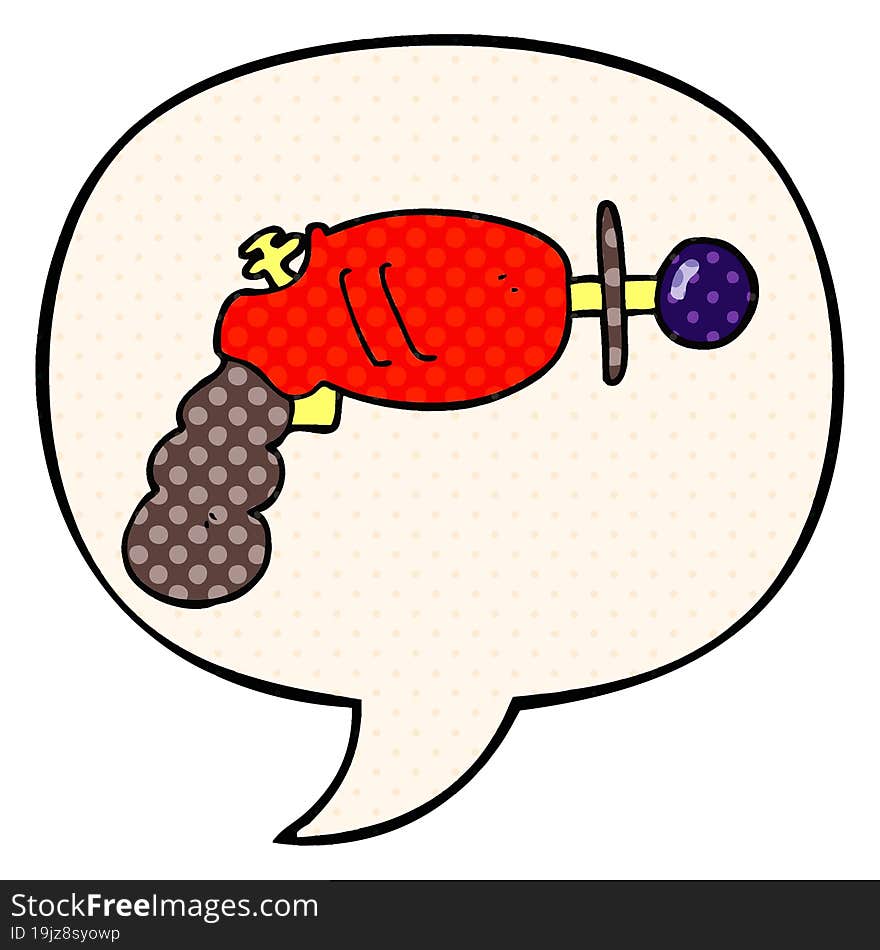 cartoon ray gun and speech bubble in comic book style