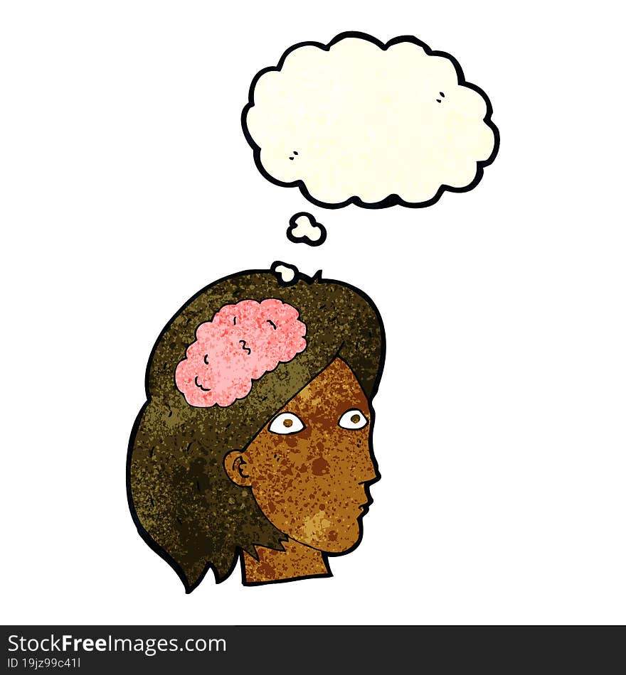 cartoon female head with brain symbol with thought bubble