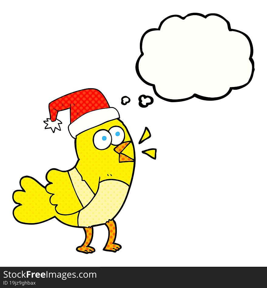 freehand drawn thought bubble cartoon bird wearing christmas hat