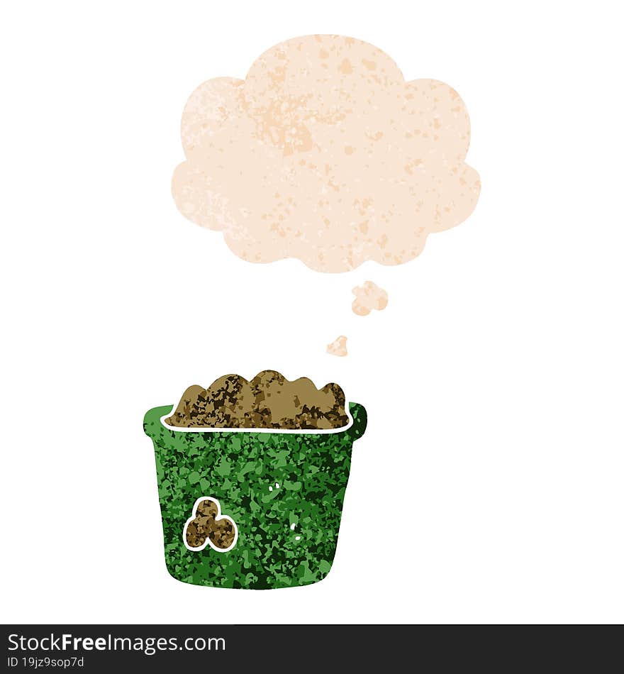 cartoon pot of earth and thought bubble in retro textured style