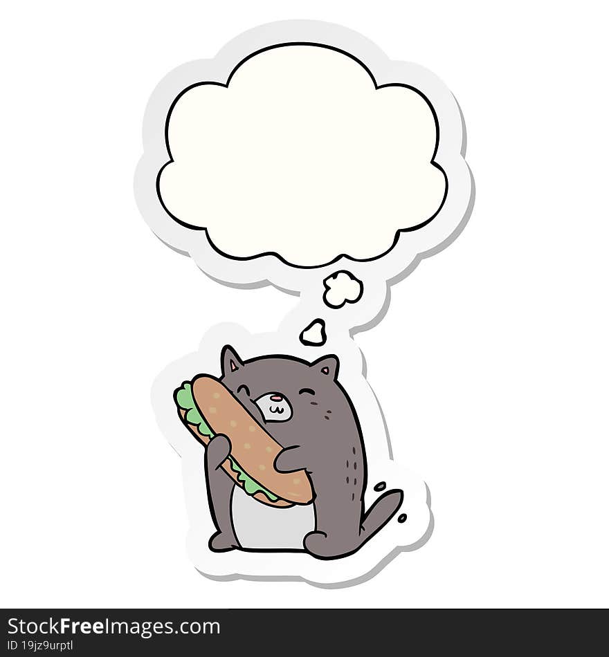 cartoon cat with sandwich and thought bubble as a printed sticker