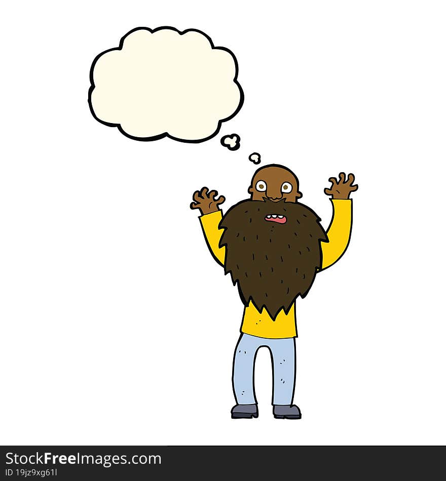 cartoon frightened old man with beard with thought bubble