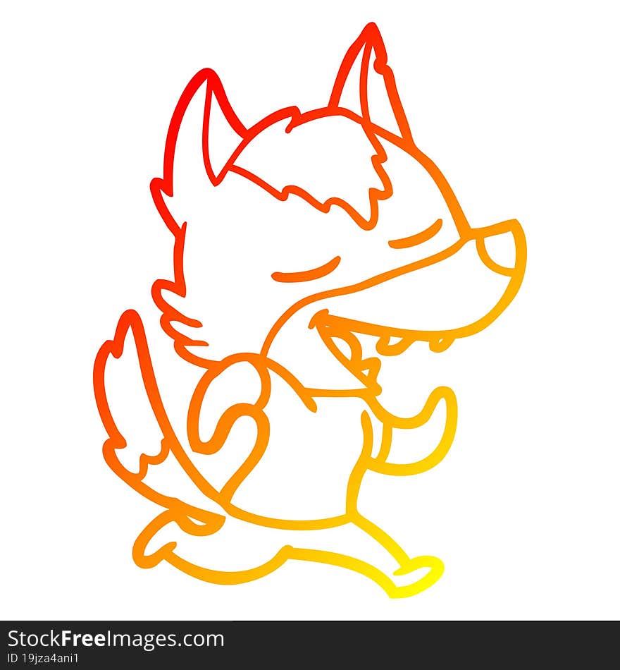 warm gradient line drawing of a cartoon running wolf laughing