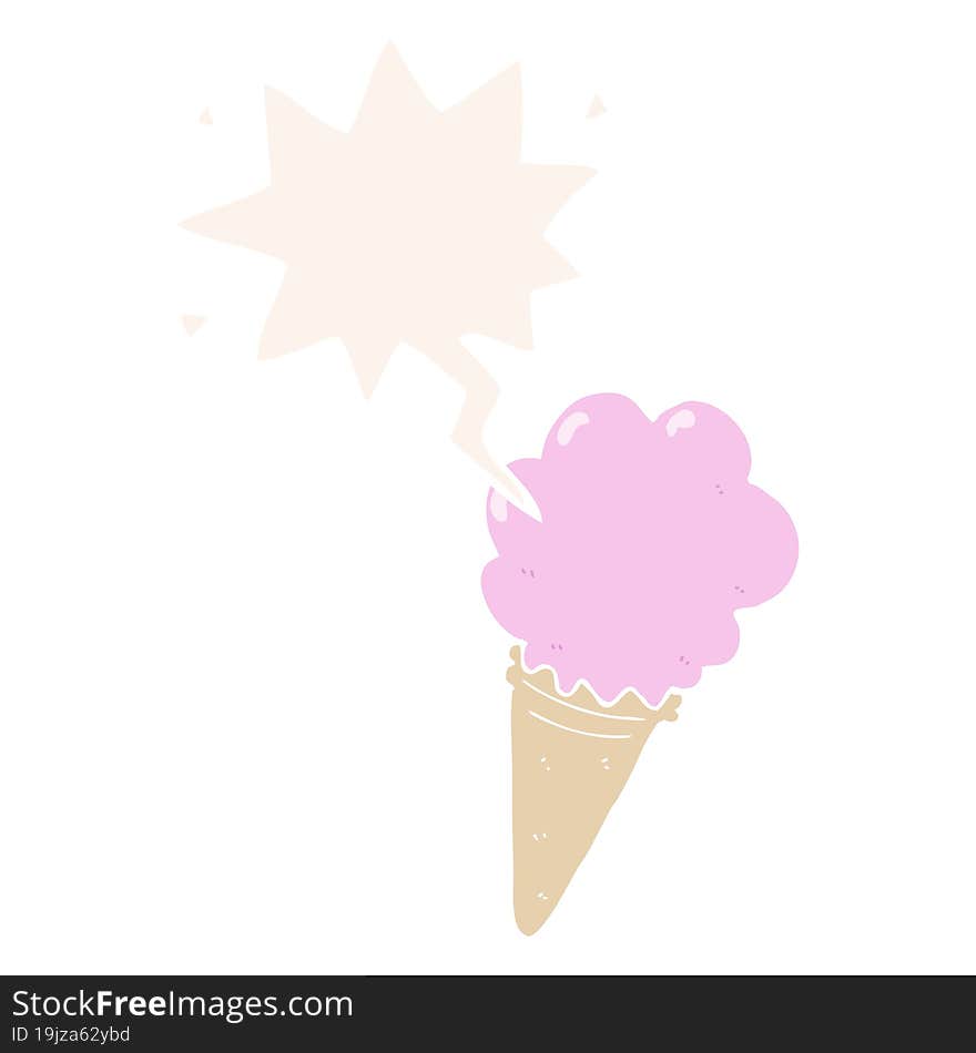 cartoon ice cream with speech bubble in retro style