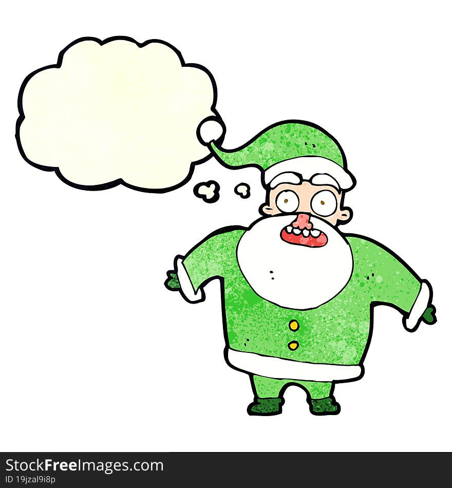 cartoon shocked santa claus with thought bubble