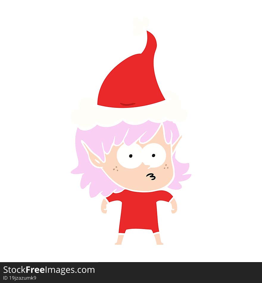 flat color illustration of a elf girl staring wearing santa hat