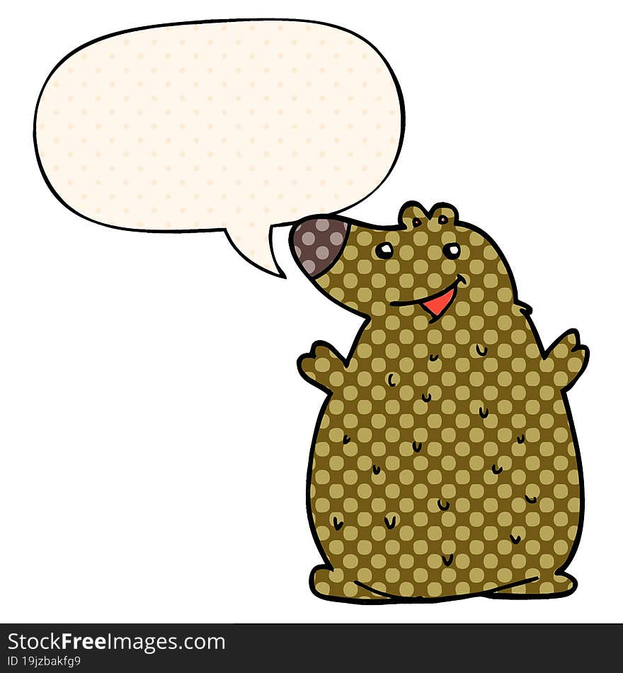 cartoon happy bear and speech bubble in comic book style