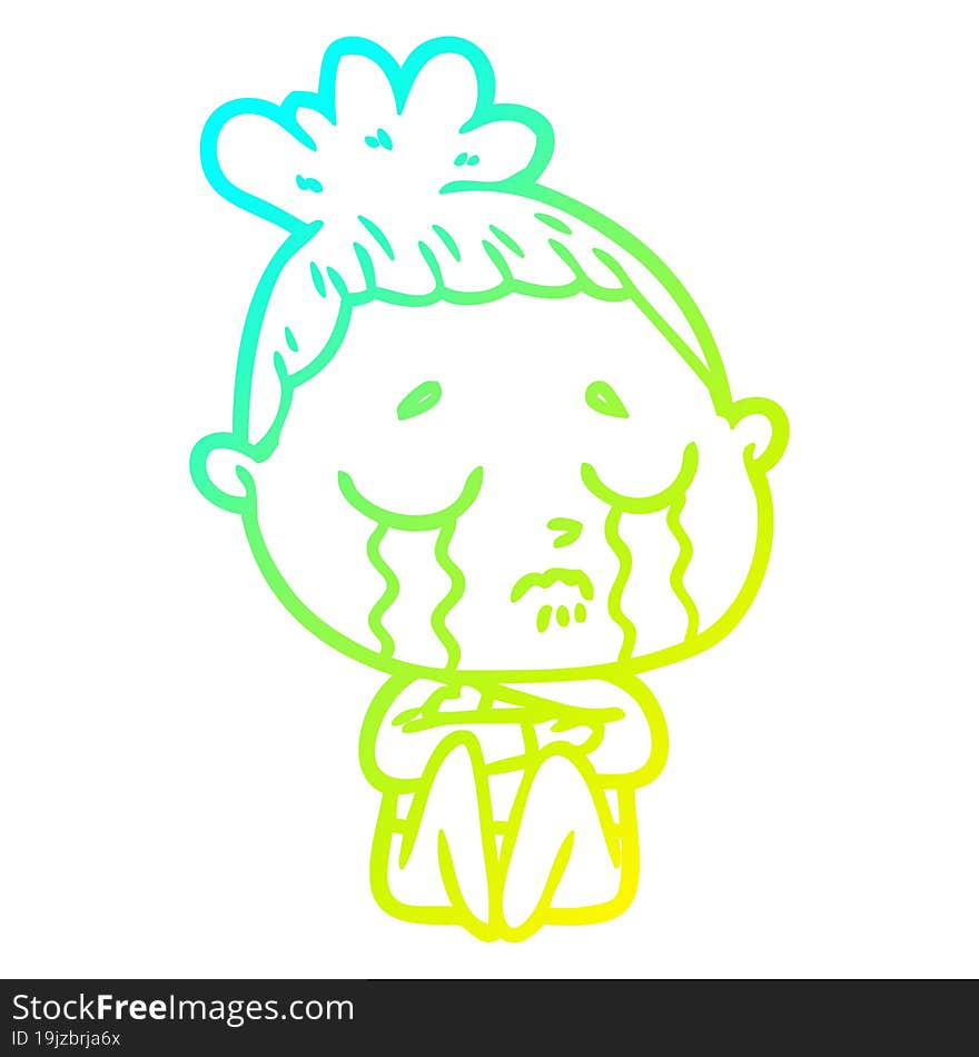 cold gradient line drawing cartoon crying woman hugged up