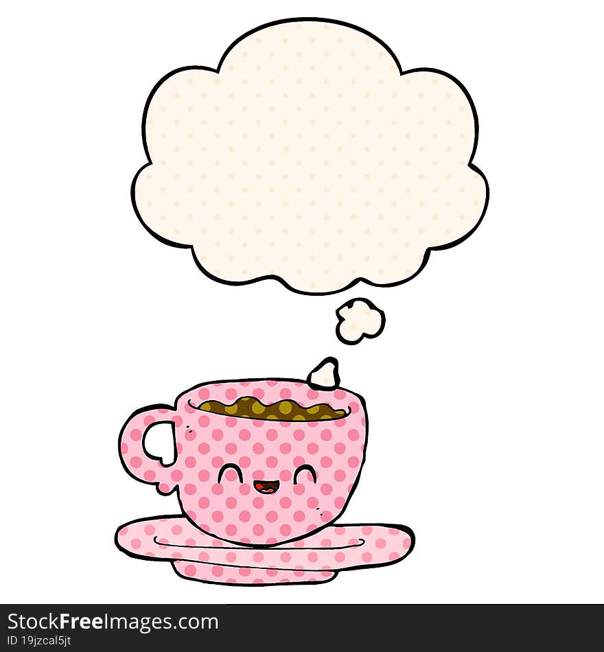 cartoon hot cup of coffee with thought bubble in comic book style