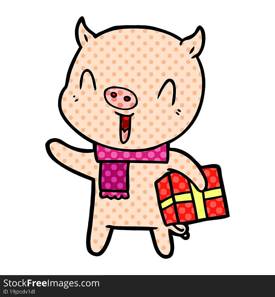 happy cartoon pig with xmas present. happy cartoon pig with xmas present