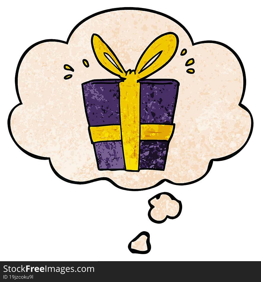 Cartoon Wrapped Gift And Thought Bubble In Grunge Texture Pattern Style