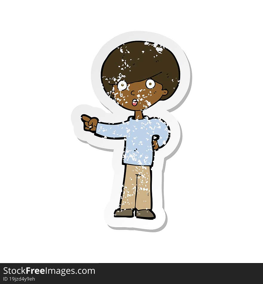 retro distressed sticker of a cartoon pointing boy