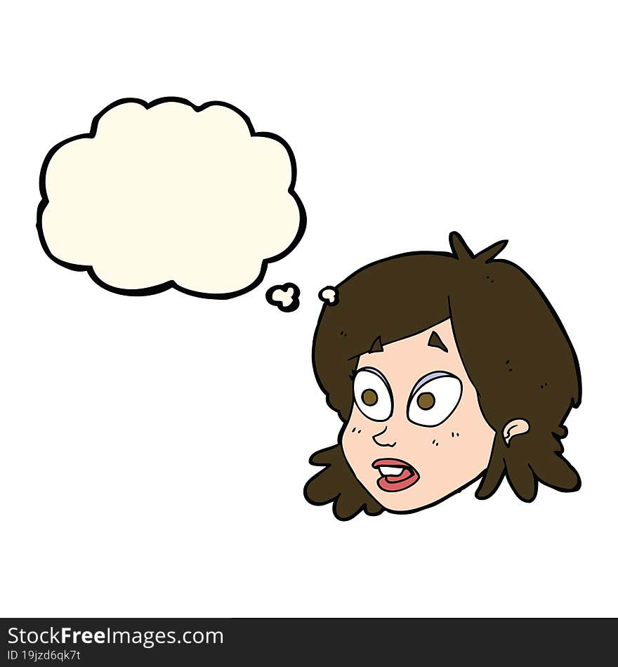 cartoon female face with surprised expression with thought bubble