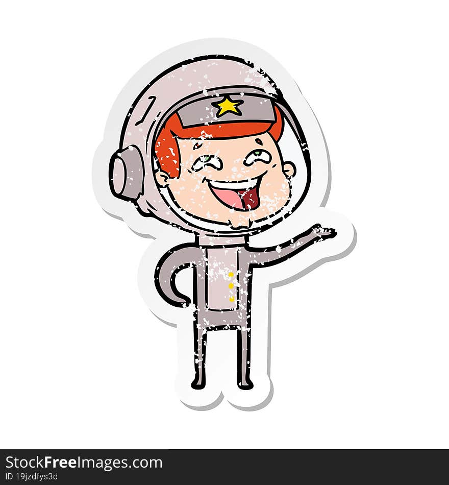 distressed sticker of a cartoon laughing astronaut