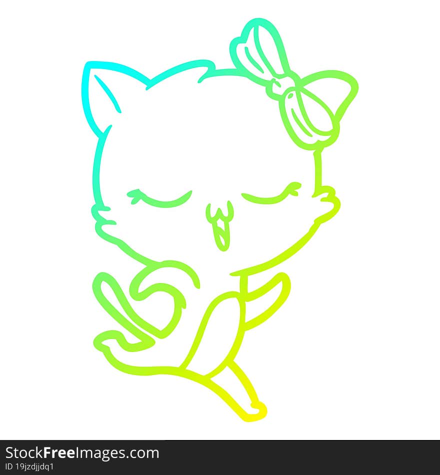 cold gradient line drawing cartoon cat with bow on head