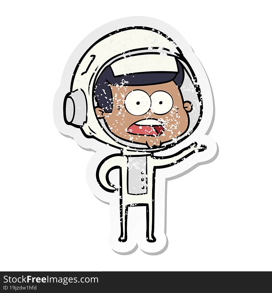 distressed sticker of a cartoon surprised astronaut