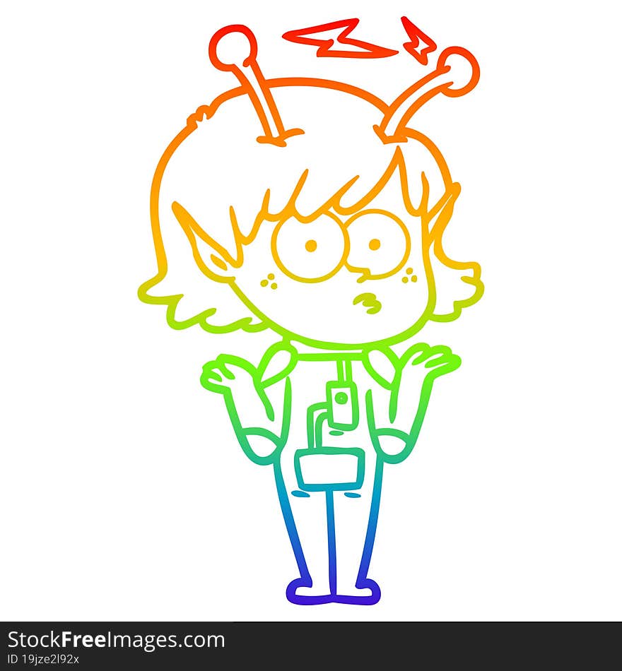 rainbow gradient line drawing of a cartoon alien girl