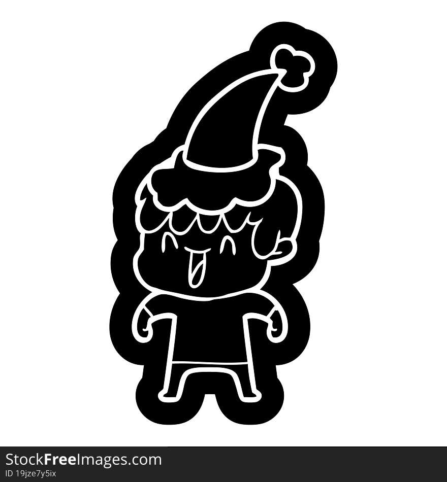 quirky cartoon icon of a laughing boy wearing santa hat