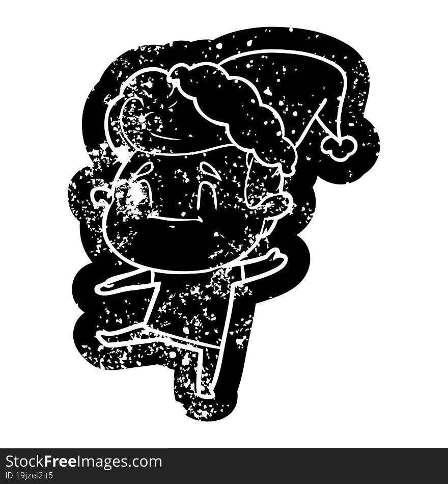 happy cartoon distressed icon of a man wearing santa hat