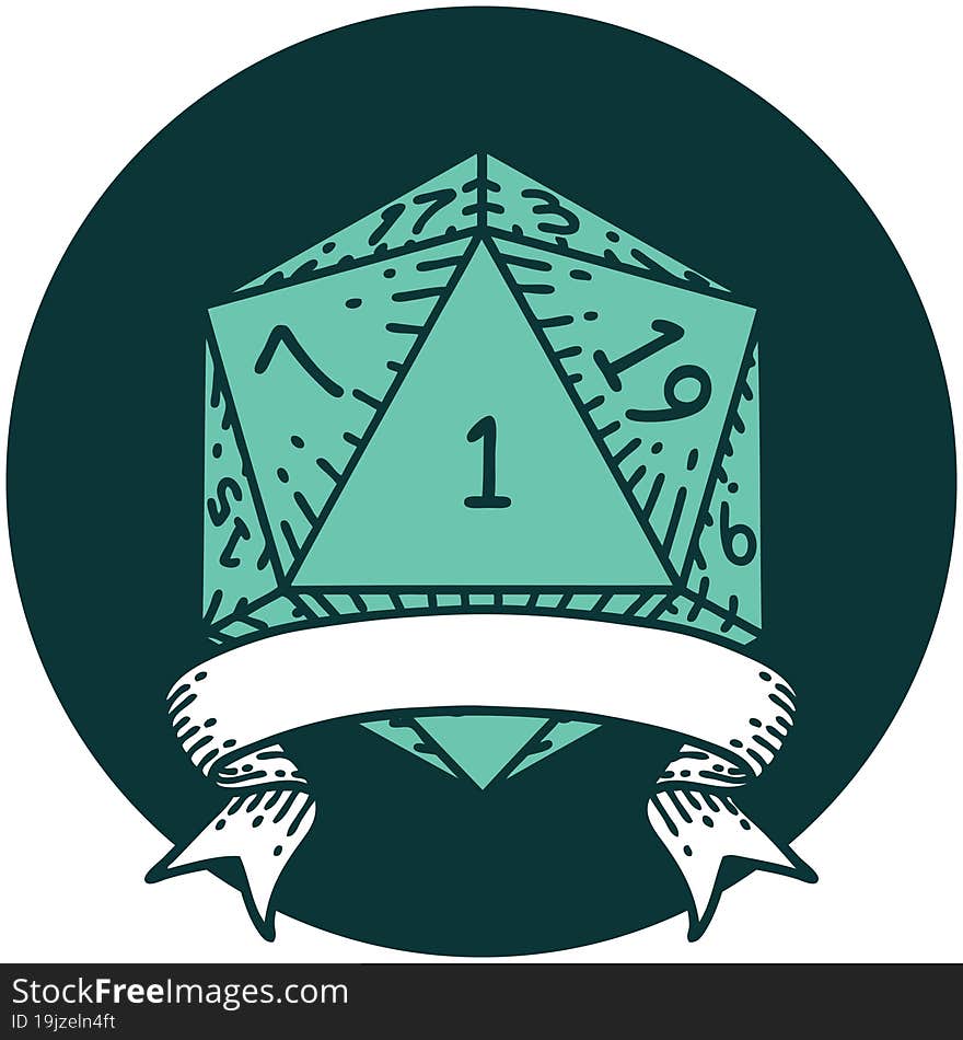 icon of natural one d20 dice roll. icon of natural one d20 dice roll