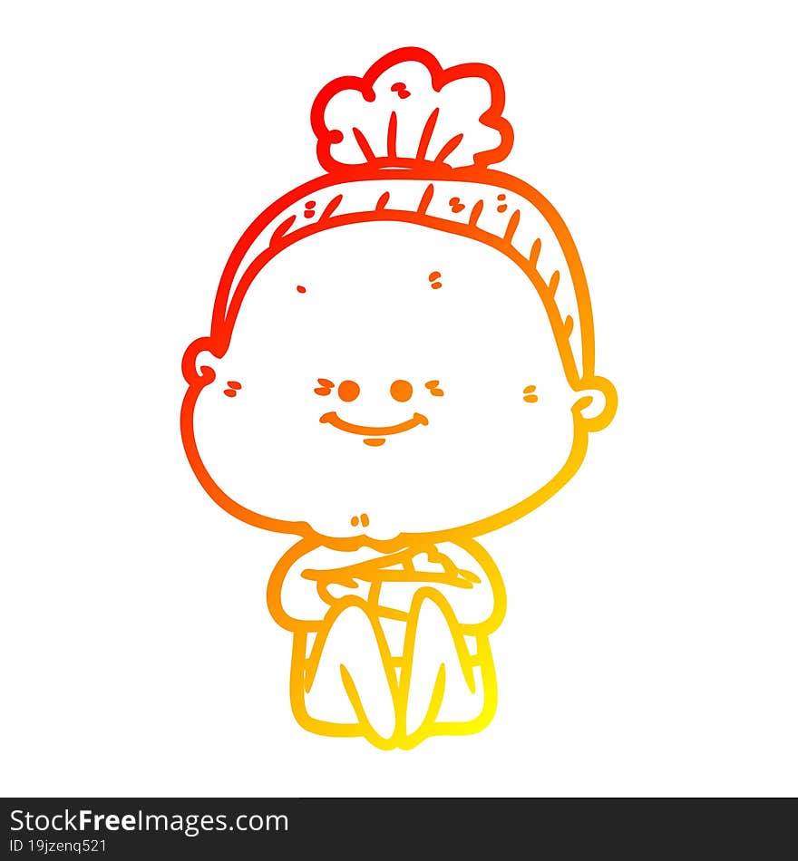 warm gradient line drawing of a cartoon happy old woman