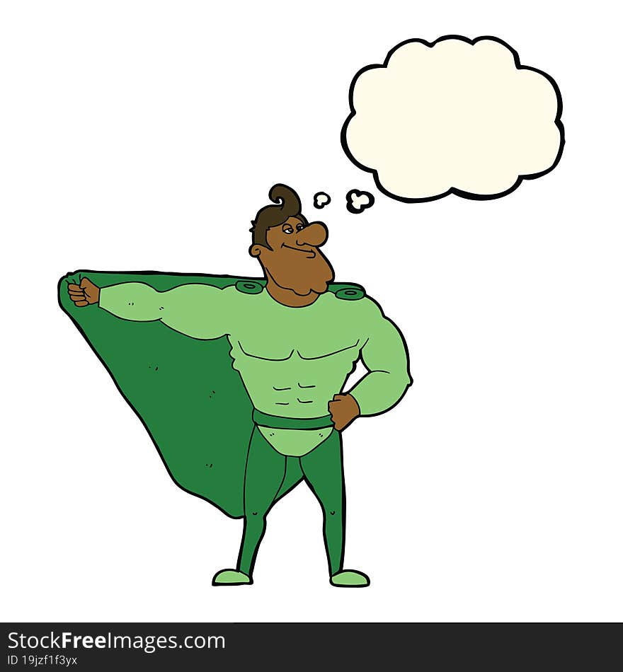 funny cartoon superhero with thought bubble