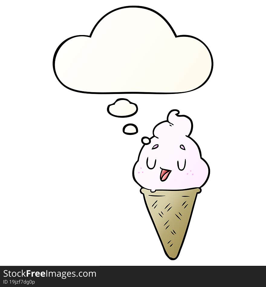 Cute Cartoon Ice Cream And Thought Bubble In Smooth Gradient Style