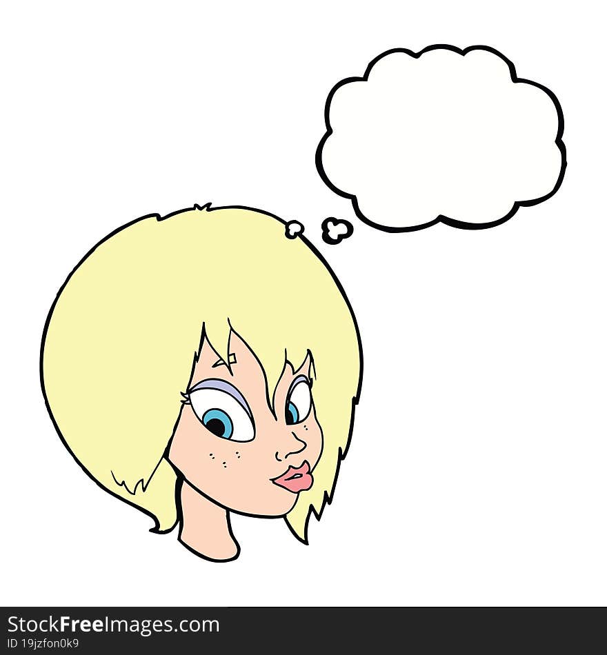 cartoon pretty female face pouting with thought bubble