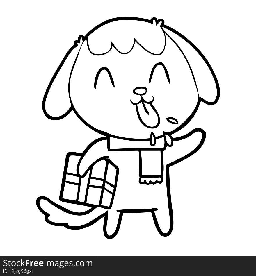 cute cartoon dog with christmas present. cute cartoon dog with christmas present