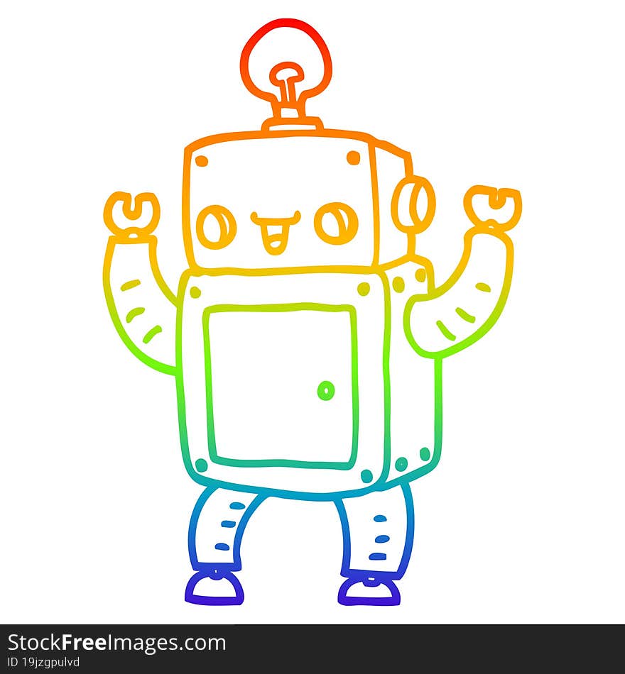 rainbow gradient line drawing of a cartoon happy robot