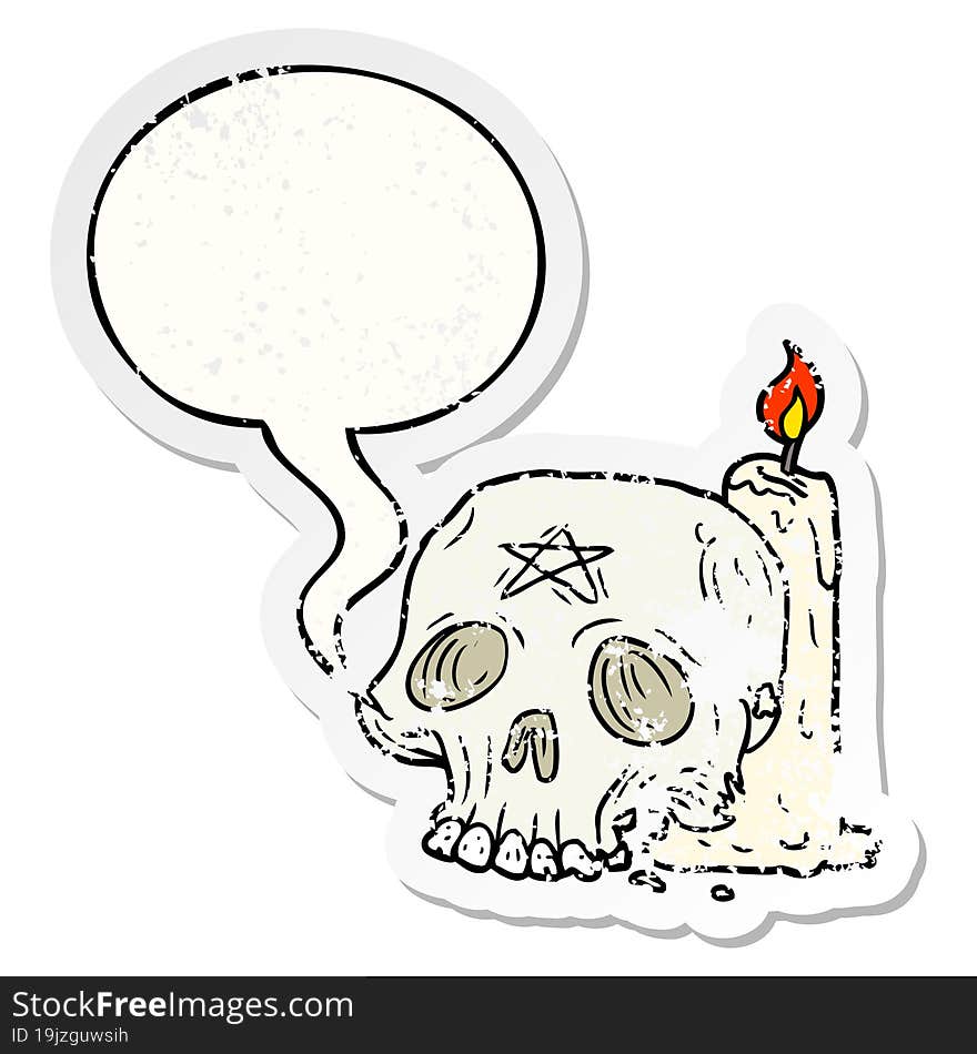 cartoon spooky skull and candle with speech bubble distressed distressed old sticker. cartoon spooky skull and candle with speech bubble distressed distressed old sticker