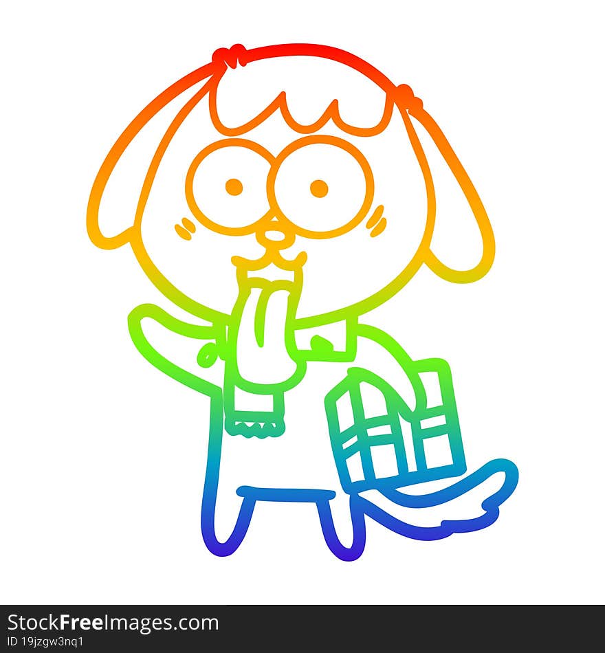 rainbow gradient line drawing of a cute cartoon dog with christmas present