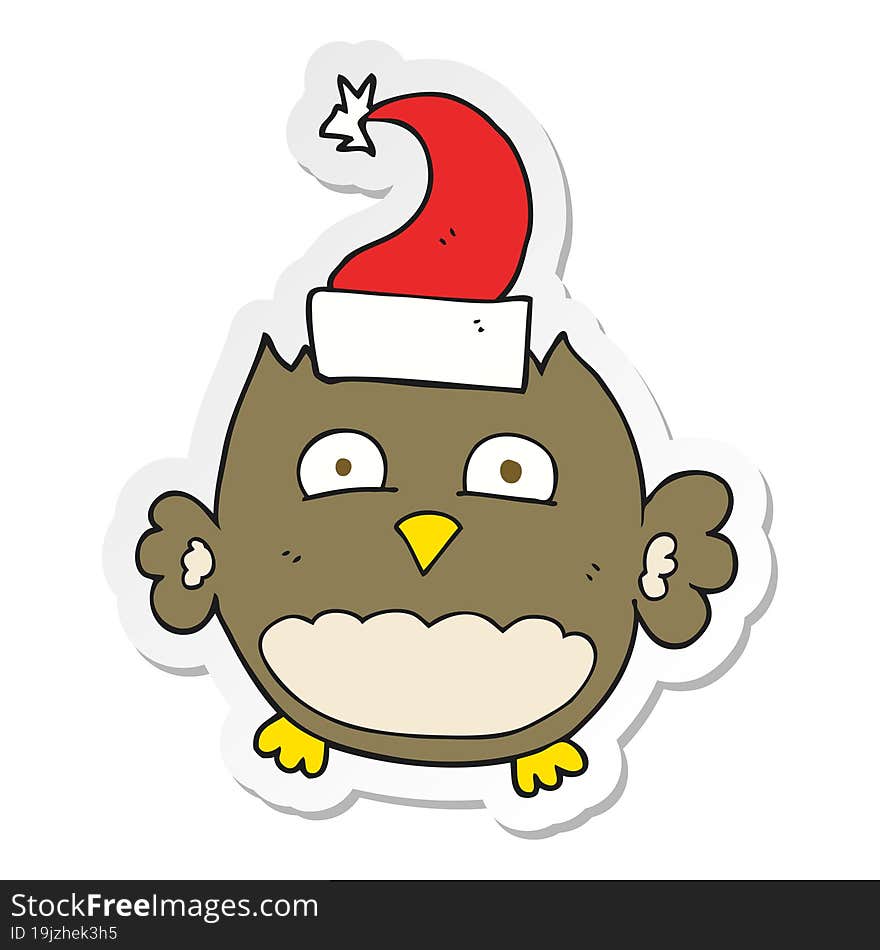 Sticker Of A Cartoon Owl Wearing Christmas Hat