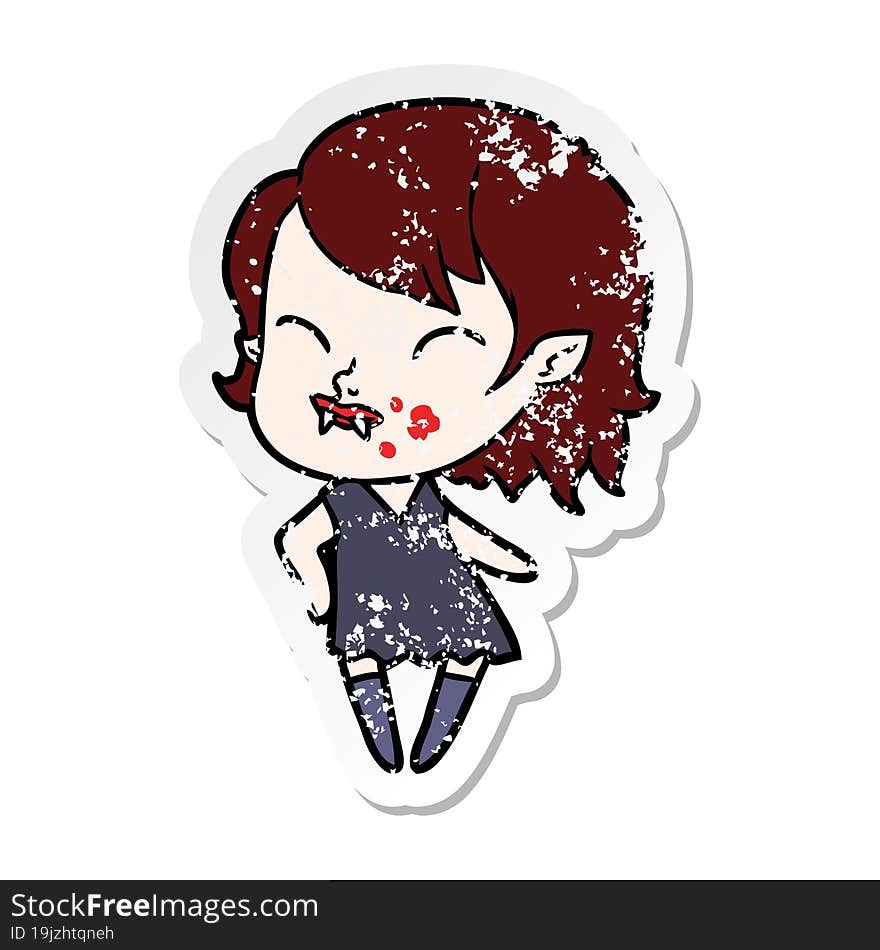 distressed sticker of a cartoon vampire girl with blood on cheek