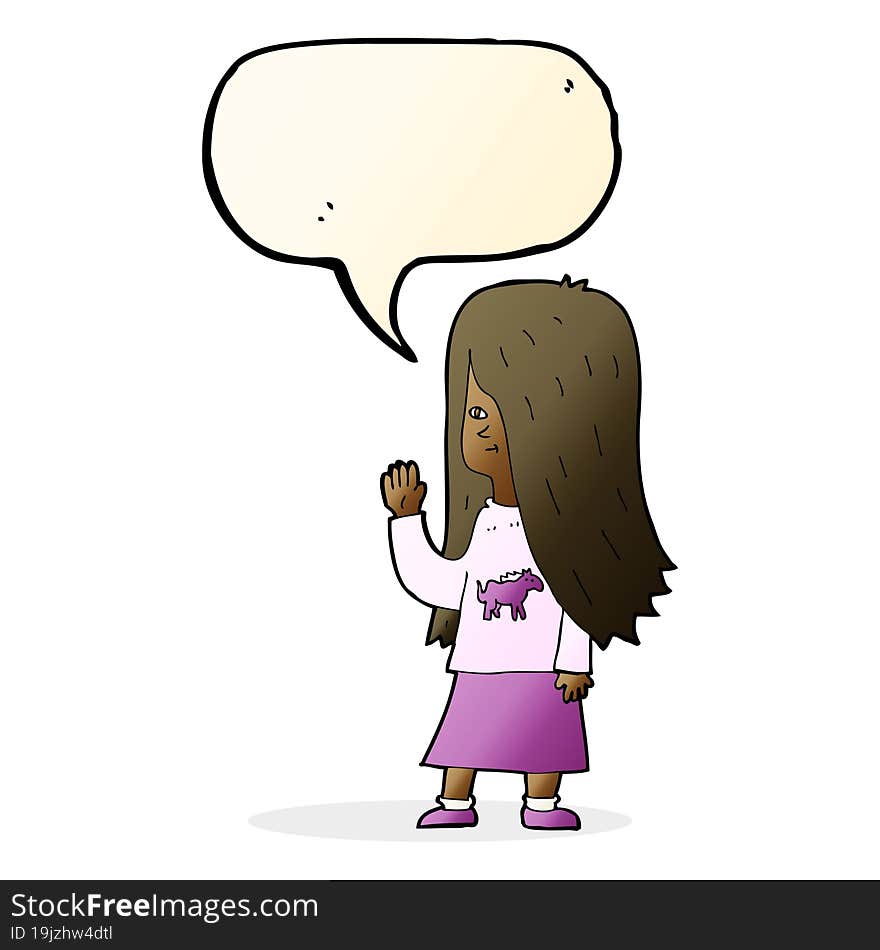 cartoon girl with pony shirt waving with speech bubble