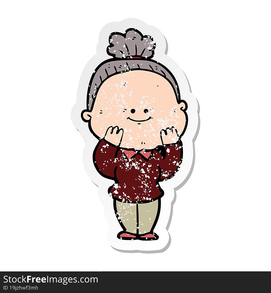 distressed sticker of a cartoon happy old woman