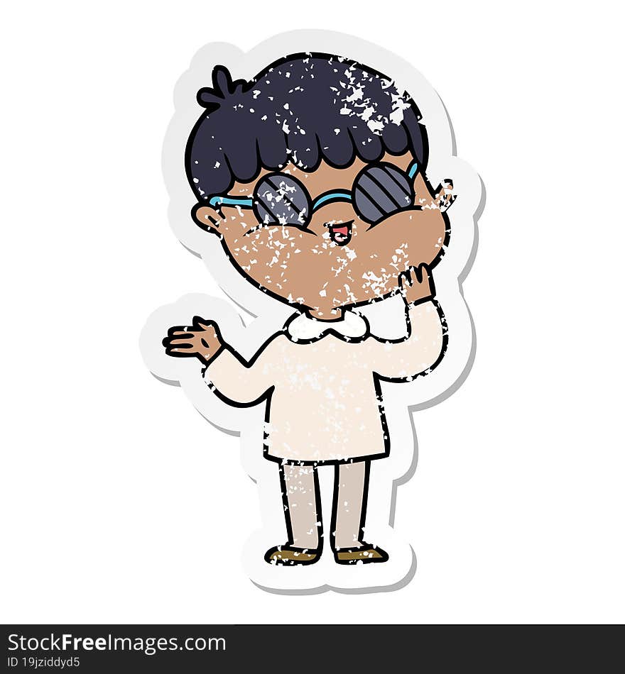 distressed sticker of a cartoon boy wearing spectacles