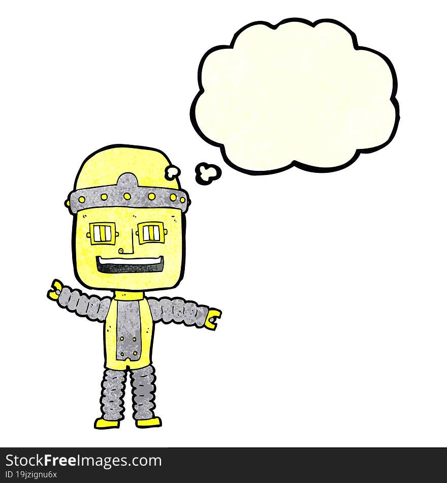 cartoon waving robot with thought bubble