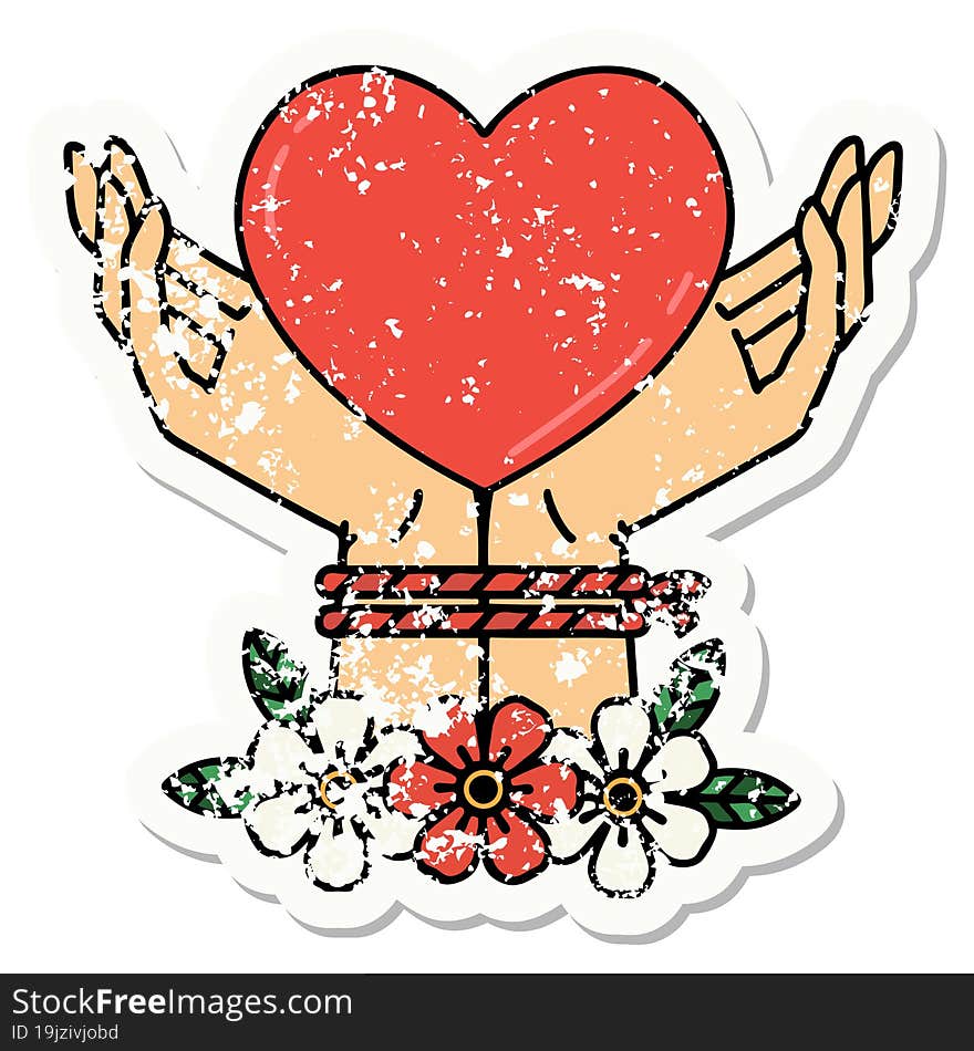 traditional distressed sticker tattoo of tied hands and a heart