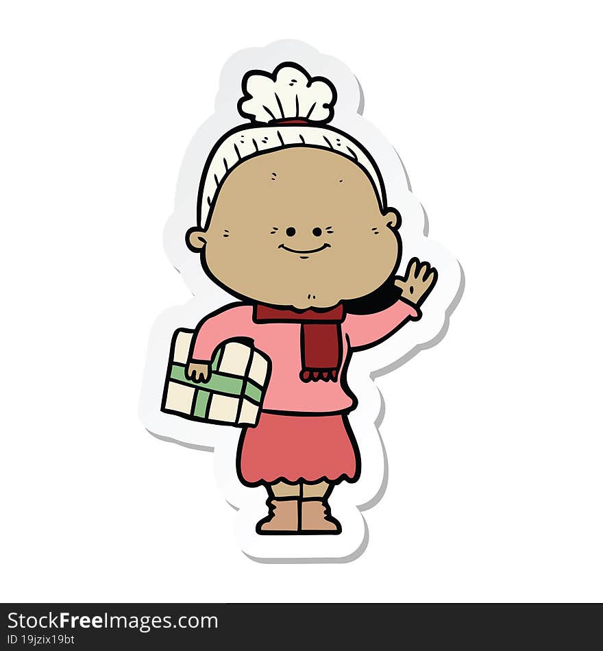 sticker of a cartoon happy old woman