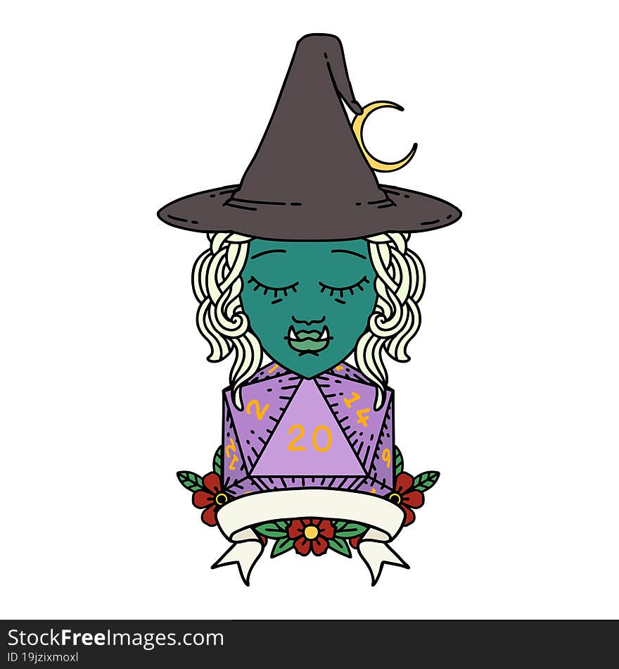 half orc witch character with natural 20 dice roll illustration