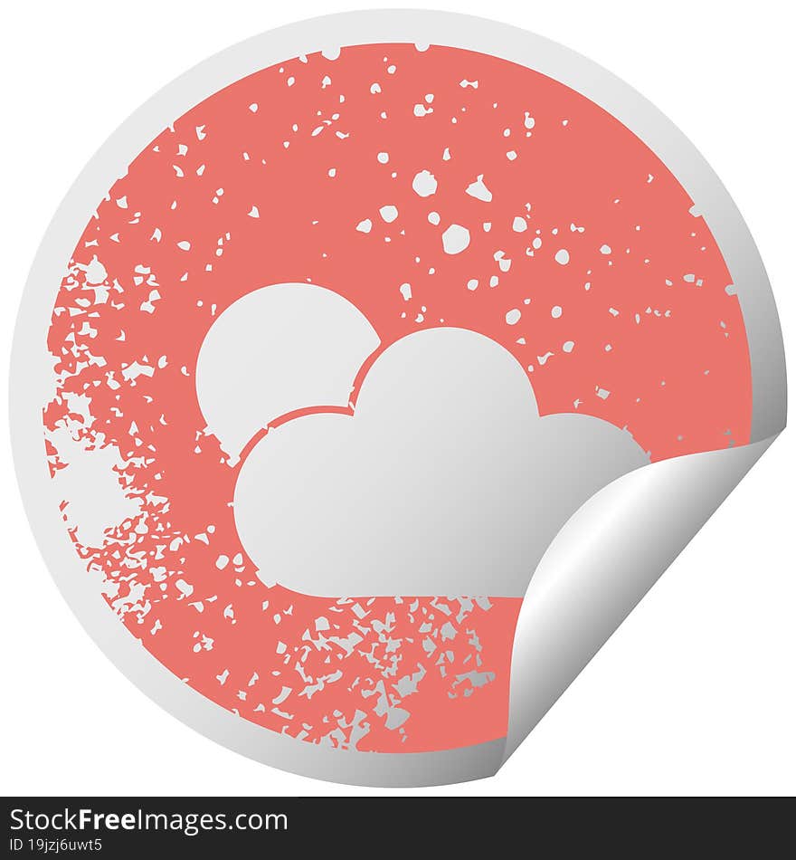 distressed circular peeling sticker symbol of a sunshine and cloud