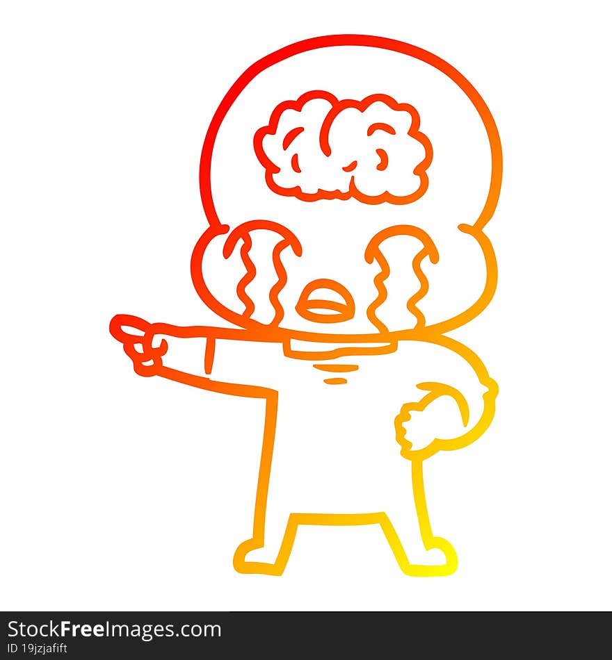 warm gradient line drawing cartoon big brain alien crying and pointing